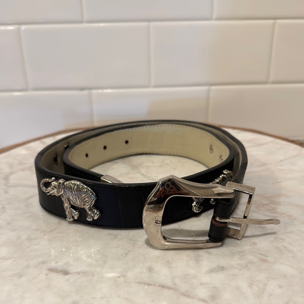 Black Genuine Leather Belt with Silver Animal Accents